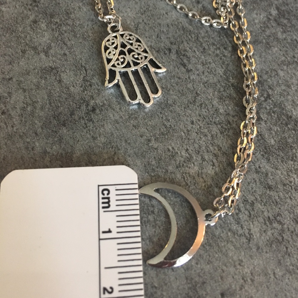 Hamsa Crescent Moon Double Layer Silver Necklace - Picture 6 of 7